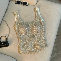 專櫃撤廻剪標高級感亮片抹胸吊帶背心女夏季新款內搭美背一體上衣