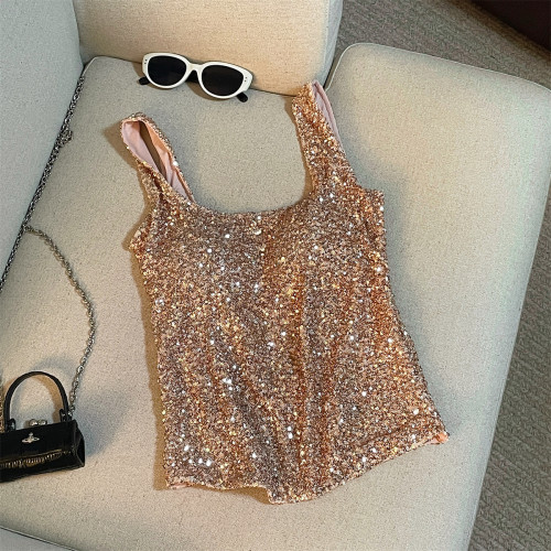 專櫃撤廻剪標高級感亮片抹胸吊帶背心女夏季新款內搭美背一體上衣