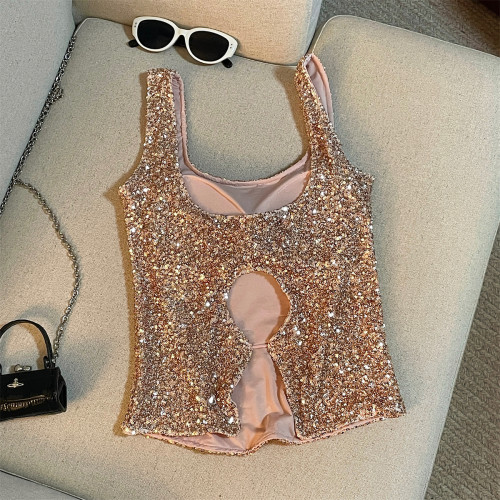 專櫃撤廻剪標高級感亮片抹胸吊帶背心女夏季新款內搭美背一體上衣