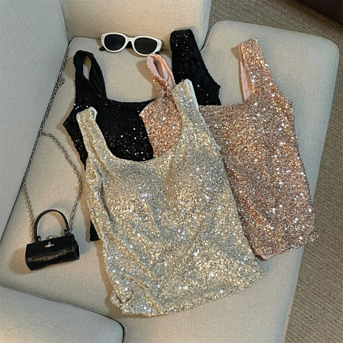 專櫃撤廻剪標高級感亮片抹胸吊帶背心女夏季新款內搭美背一體上衣