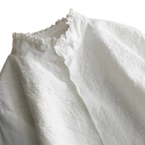 日系復古木耳邊刺綉純棉白色襯衫女春秋設計感小衆文藝範長袖襯衣