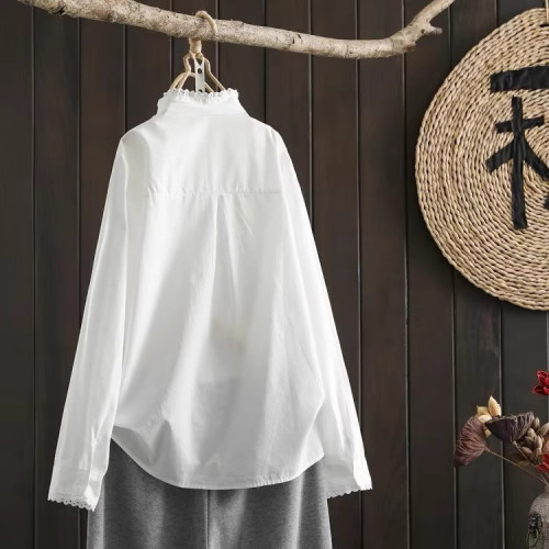 日系復古木耳邊刺綉純棉白色襯衫女春秋設計感小衆文藝範長袖襯衣