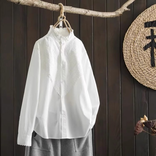 日系復古木耳邊刺綉純棉白色襯衫女春秋設計感小衆文藝範長袖襯衣