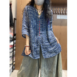 日系高級出口大碼襯衫印花顯瘦民族風復古百搭五分袖V領上衣