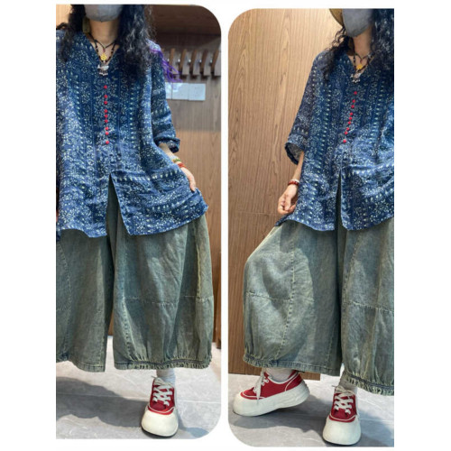 日系高級出口大碼襯衫印花顯瘦民族風復古百搭五分袖V領上衣