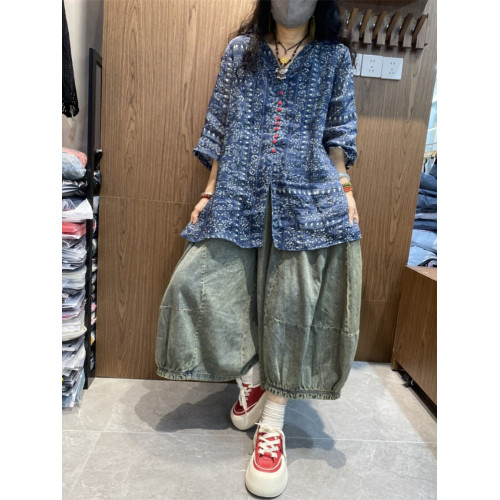 日系高級出口大碼襯衫印花顯瘦民族風復古百搭五分袖V領上衣