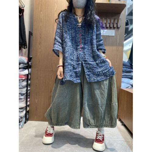 日系高級出口大碼襯衫印花顯瘦民族風復古百搭五分袖V領上衣