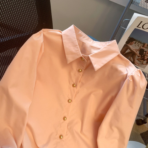 專櫃撤廻剪標粉色甜美金釦泡泡袖襯衫女春夏新款法式溫柔polo襯衣