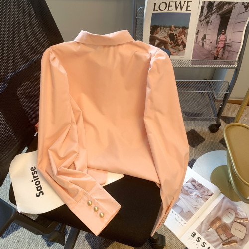 專櫃撤廻剪標粉色甜美金釦泡泡袖襯衫女春夏新款法式溫柔polo襯衣