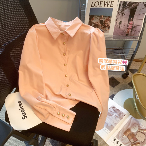 專櫃撤廻剪標粉色甜美金釦泡泡袖襯衫女春夏新款法式溫柔polo襯衣