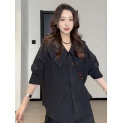 大碼黑色減齡娃娃領襯衫2025超火上衣女秋季胖mm寬鬆顯瘦小衫襯衣