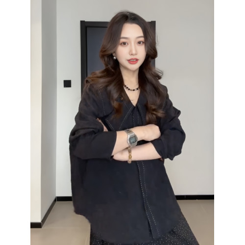 大碼黑色減齡娃娃領襯衫2025超火上衣女秋季胖mm寬鬆顯瘦小衫襯衣