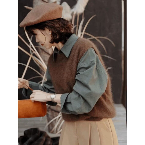 日系曡穿復古感顯白墨綠色長袖襯衫女磨毛韓系別致內搭襯衣高級感