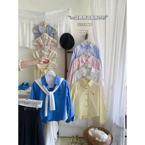 文藝知性藍配披肩短款長袖襯衫兩件套女春法式氣質小個子口袋襯衣