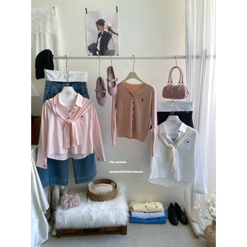 文藝知性藍配披肩短款長袖襯衫兩件套女春法式氣質小個子口袋襯衣