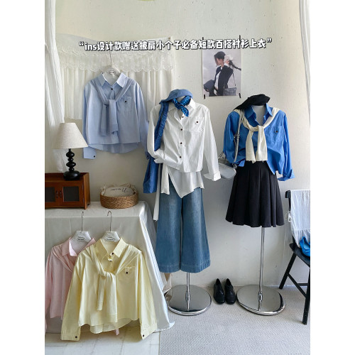 文藝知性藍配披肩短款長袖襯衫兩件套女春法式氣質小個子口袋襯衣