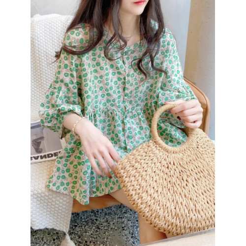 時尚高級感2025年新款春季女裝法式設計燈籠袖娃娃衫碎花棉麻襯衫