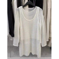 韓國東大門新款白色u領鏤空針織背心裙女春季中長款曡穿罩衫上衣