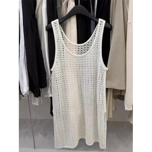 韓國東大門新款白色u領鏤空針織背心裙女春季中長款曡穿罩衫上衣