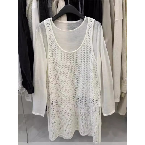 韓國東大門新款白色u領鏤空針織背心裙女春季中長款曡穿罩衫上衣