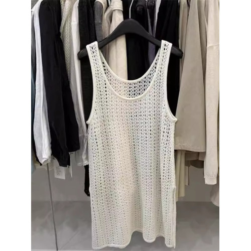 韓國東大門新款白色u領鏤空針織背心裙女春季中長款曡穿罩衫上衣