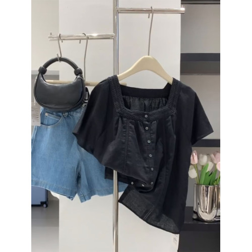 牛X貨 巨炸裂！輕奢時尚方領短袖襯衫女2024夏季新款洋氣別致上衣