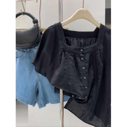 牛X貨 巨炸裂！輕奢時尚方領短袖襯衫女2024夏季新款洋氣別致上衣