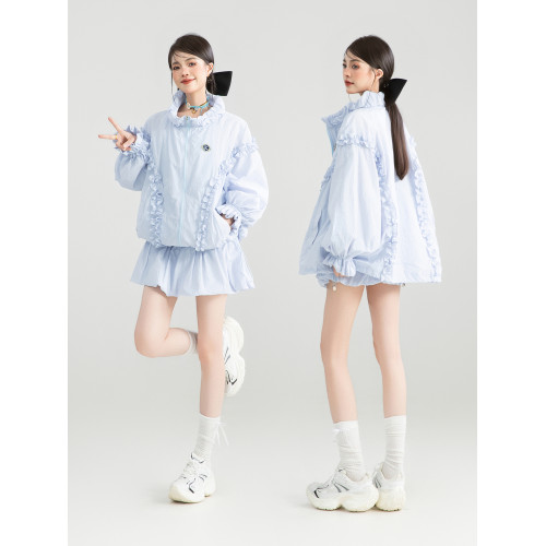 KEIKO 戶外藍色立領防曬衣春夏輕薄防紫外線外套+半身裙兩件套裝