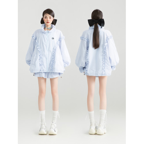 KEIKO 戶外藍色立領防曬衣春夏輕薄防紫外線外套+半身裙兩件套裝