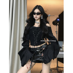 PRO813 抽繩綁帶拼接迷彩長袖襯衫女秋辣妹一字肩收腰修身上衣