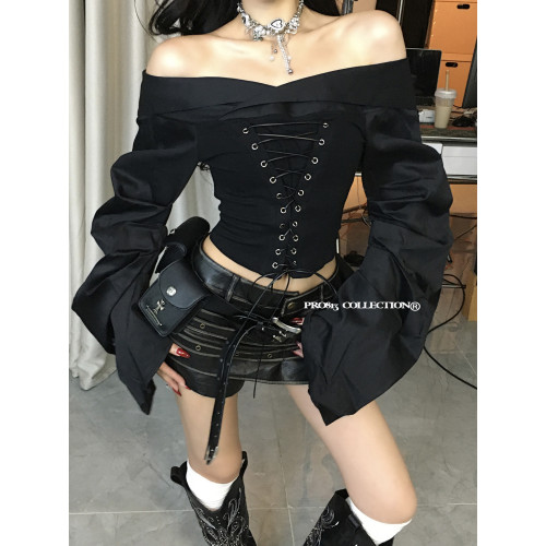 PRO813 抽繩綁帶拼接迷彩長袖襯衫女秋辣妹一字肩收腰修身上衣