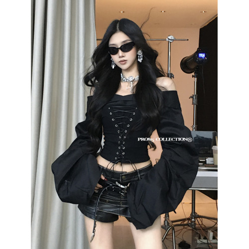 PRO813 抽繩綁帶拼接迷彩長袖襯衫女秋辣妹一字肩收腰修身上衣