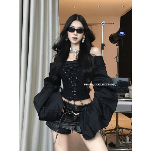 PRO813 抽繩綁帶拼接迷彩長袖襯衫女秋辣妹一字肩收腰修身上衣