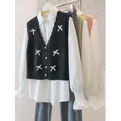 小香風套裝女春秋款大碼胖mm時髦洋氣蝴蝶結針織馬甲白襯衫兩件套