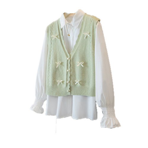 小香風套裝女春秋款大碼胖mm時髦洋氣蝴蝶結針織馬甲白襯衫兩件套