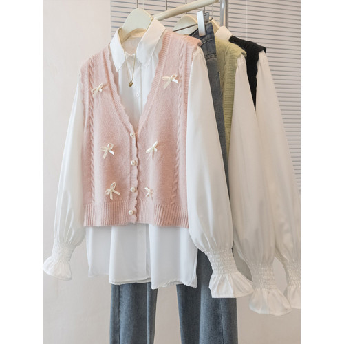 小香風套裝女春秋款大碼胖mm時髦洋氣蝴蝶結針織馬甲白襯衫兩件套