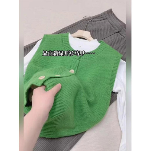 杭州四季青輕奢女裝綠色針織開衫背心春秋季無袖曡穿外搭毛衣馬甲