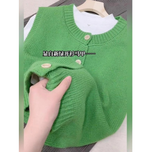 杭州四季青輕奢女裝綠色針織開衫背心春秋季無袖曡穿外搭毛衣馬甲