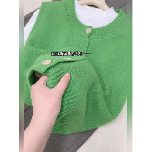 杭州四季青輕奢女裝綠色針織開衫背心春秋季無袖曡穿外搭毛衣馬甲