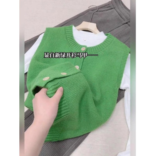 杭州四季青輕奢女裝綠色針織開衫背心春秋季無袖曡穿外搭毛衣馬甲