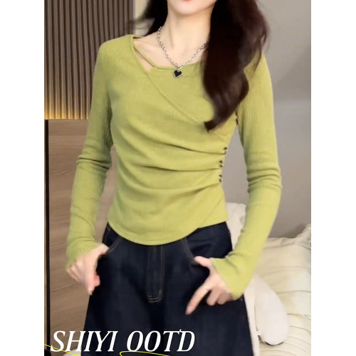 2026秋季新品綠色長袖T恤女不規則洋氣氣質顯瘦高級辣妹打底衫潮