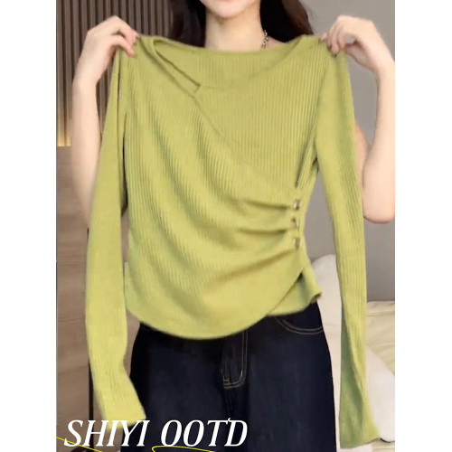 2026秋季新品綠色長袖T恤女不規則洋氣氣質顯瘦高級辣妹打底衫潮