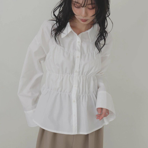 B07026日單新款客供料單排釦寬鬆顯瘦彈力松緊女純色氣質長袖襯衫