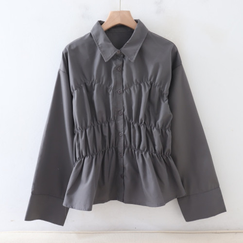 B07026日單新款客供料單排釦寬鬆顯瘦彈力松緊女純色氣質長袖襯衫