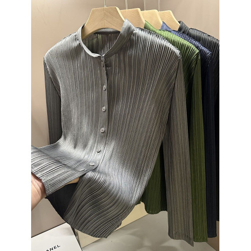 高級感立領減齡開衫春季新款褶皺長袖單排釦純色襯衫女