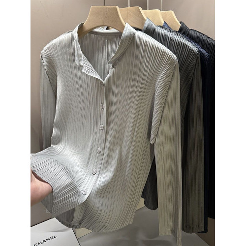 高級感立領減齡開衫春季新款褶皺長袖單排釦純色襯衫女