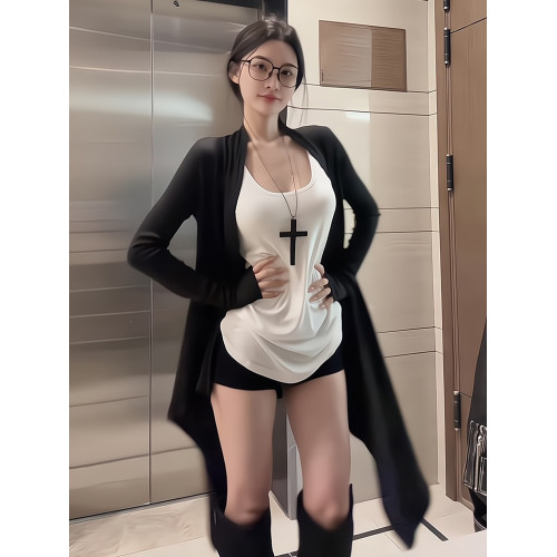 黑色長袖開衫防曬服女夏季新款外套不規則寬鬆顯瘦中長款防曬上衣
