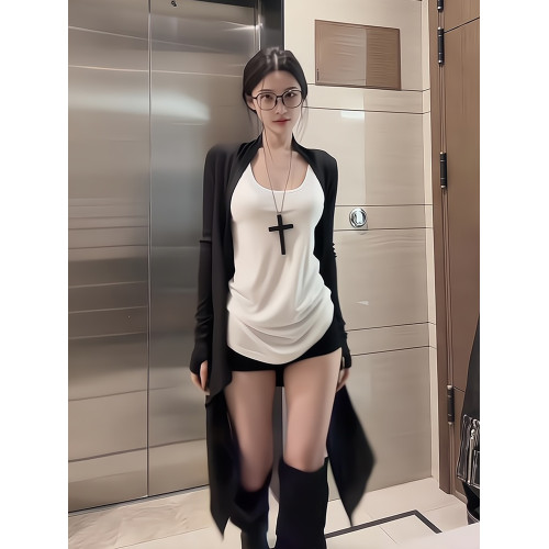 黑色長袖開衫防曬服女夏季新款外套不規則寬鬆顯瘦中長款防曬上衣