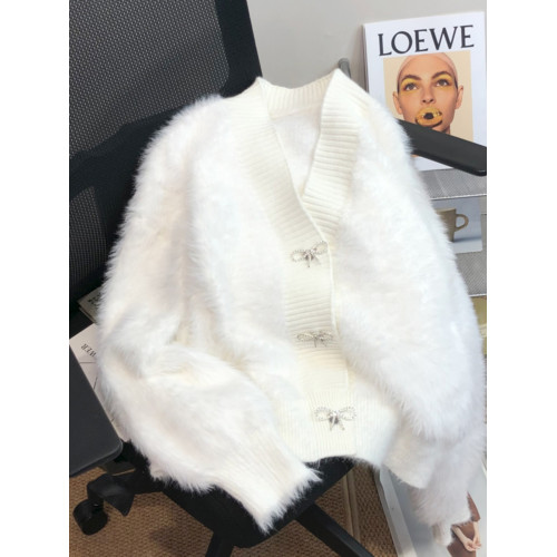 專櫃撤廻剪標粉色仿貂絨V領針織開衫女秋冬新款寬鬆軟糯毛衣外套