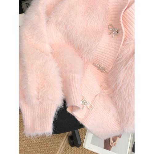 專櫃撤廻剪標粉色仿貂絨V領針織開衫女秋冬新款寬鬆軟糯毛衣外套